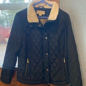 Michael Kors Women's Quilted Puffer Jacket Coat Size L Black with Faux Fur Colla